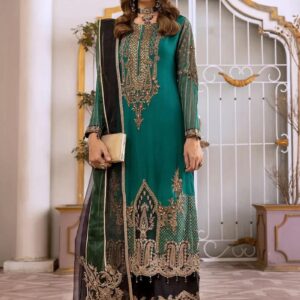 Introducing our refined dress ensemble, complete with a Kameez, Dupatta, and Trouser, available in captivating shades of Zinc, Green, Black, and Golden. Crafted from premium materials, the Kameez is made of luxurious chiffon for both style and comfort. The accompanying Dupatta, fashioned from delicate organza, adds an exquisite touch to the ensemble. Completing the look, the Trouser is tailored from durable grip fabric, ensuring a flattering fit. Perfect for weddings or festive celebrations, this ensemble offers elegance and versatility in equal measure.