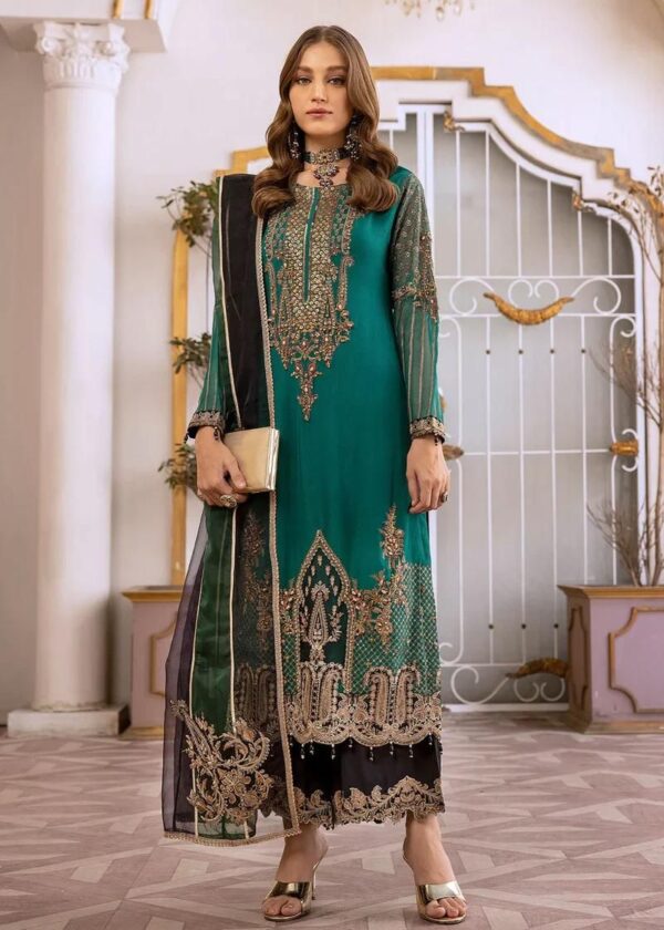 Introducing our refined dress ensemble, complete with a Kameez, Dupatta, and Trouser, available in captivating shades of Zinc, Green, Black, and Golden. Crafted from premium materials, the Kameez is made of luxurious chiffon for both style and comfort. The accompanying Dupatta, fashioned from delicate organza, adds an exquisite touch to the ensemble. Completing the look, the Trouser is tailored from durable grip fabric, ensuring a flattering fit. Perfect for weddings or festive celebrations, this ensemble offers elegance and versatility in equal measure.